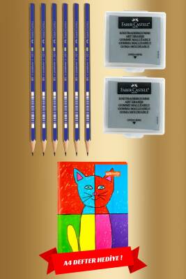 Faber Castell 2B Resim Kalemi 6'lı + 2'li Hamur Silgi Seti (A4 Defter Hediye) - 10