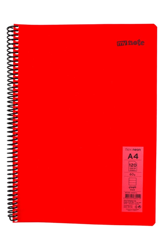 Mynote Flex A4 120 Yaprak Çizgili Spiralli Plastik Neon Kapak Defter 