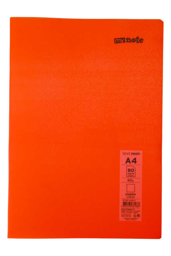 Mynote Text Neon A4 80 Yaprak Çizgisiz Plastik Kapak Defter 