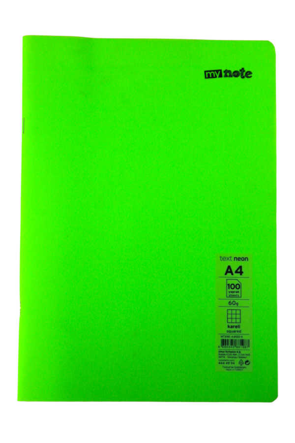 Mynote Text Neon A4 100 Yaprak Kareli Plastik Kapak Defter 
